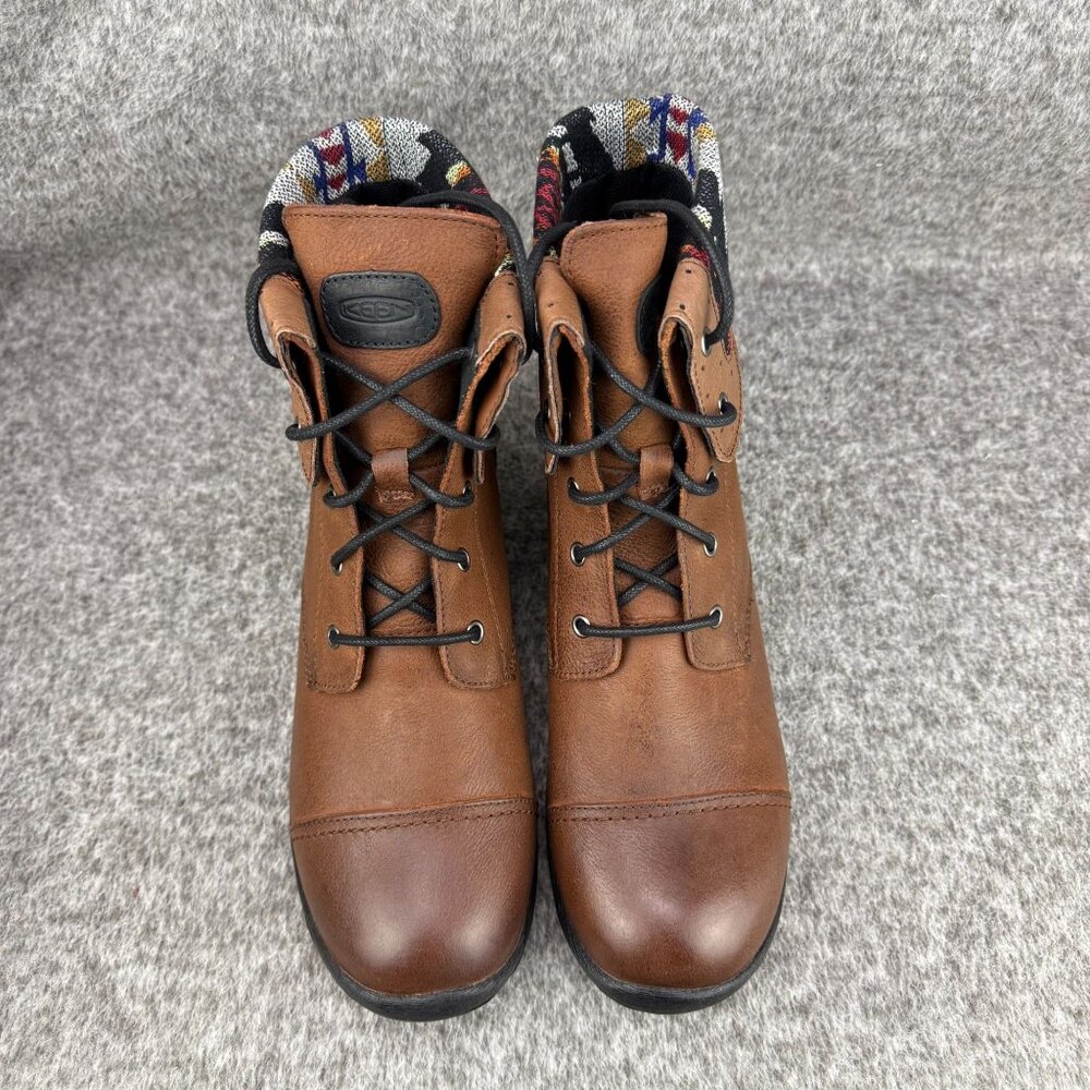 ✅Women's 10 Keen Tyretread Brown Leather Lace Up Ankle Boots Tortoise Shell Cuff - Picture 6 of 13